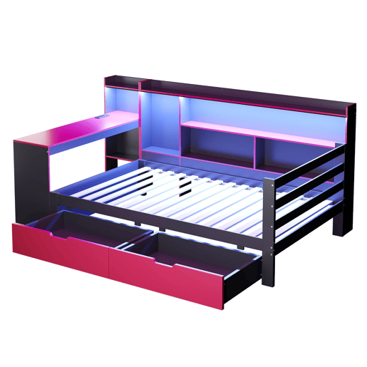 Sofá-cama de madeira 90x200 - Secretária, estantes, arrumação, iluminação, tomadas - Preto+Vermelho