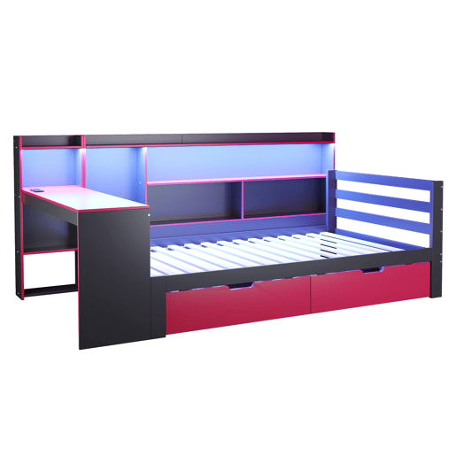 Sofá-cama de madeira 90x200 - Secretária, estantes, arrumação, iluminação, tomadas - Preto+Vermelho