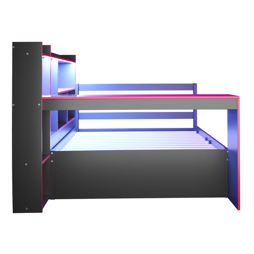 Sofá-cama de madeira 90x200 - Secretária, estantes, arrumação, iluminação, tomadas - Preto+Vermelho