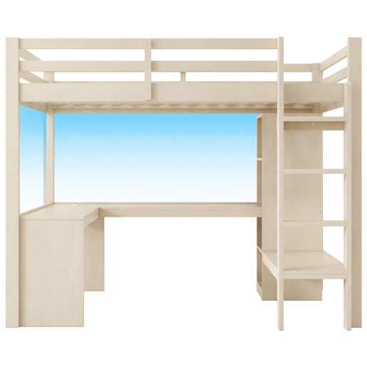 Cama alta 140x200 - Estantes multifuncionais, secretária inferior, luz LED e USB - Natural