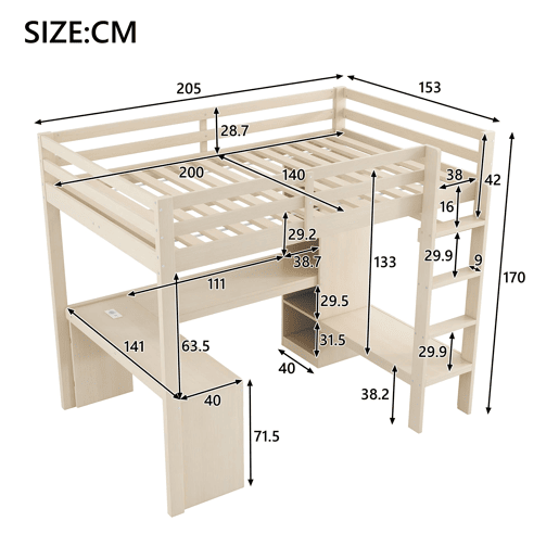 Cama alta 140x200 - Estantes multifuncionais, secretária inferior, luz LED e USB - Natural