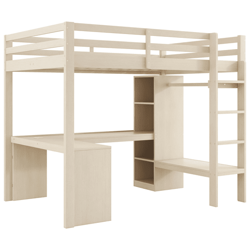 Cama alta 140x200 - Estantes multifuncionais, secretária inferior, luz LED e USB - Natural