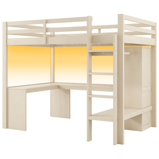 Cama alta 140x200 - Estantes multifuncionais, secretária inferior, luz LED e USB - Natural