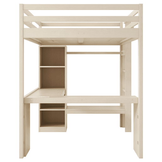 Cama alta 140x200 - Estantes multifuncionais, secretária inferior, luz LED e USB - Natural