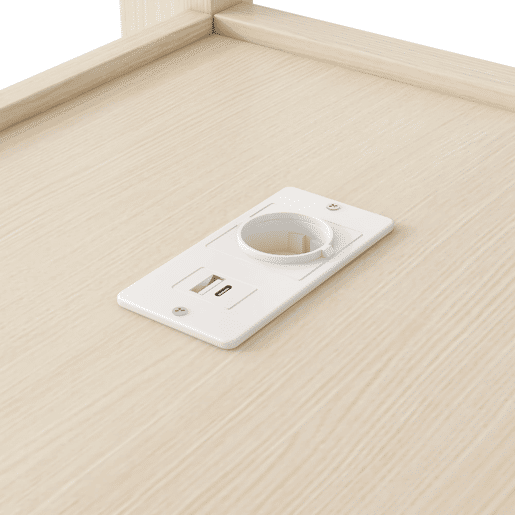 Cama alta 140x200 - Estantes multifuncionais, secretária inferior, luz LED e USB - Natural