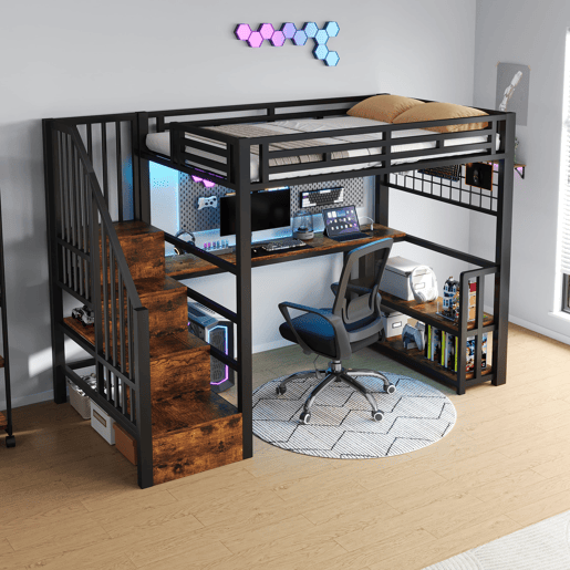 Cama alta 90x200 cm - Estrutura em ferro, secretária, LED, arrumação, USB - Preto