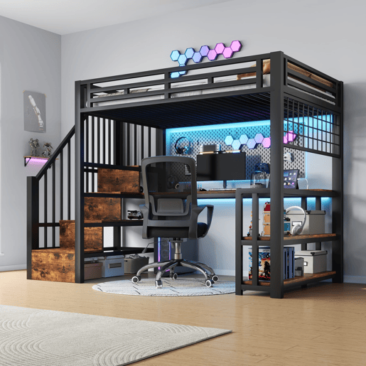 Cama alta 90x200 cm - Estrutura em ferro, secretária, LED, arrumação, USB - Preto