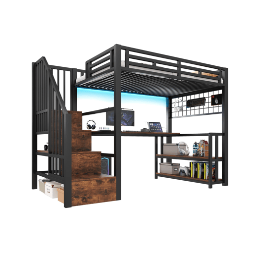 Cama alta 90x200 cm - Estrutura em ferro, secretária, LED, arrumação, USB - Preto