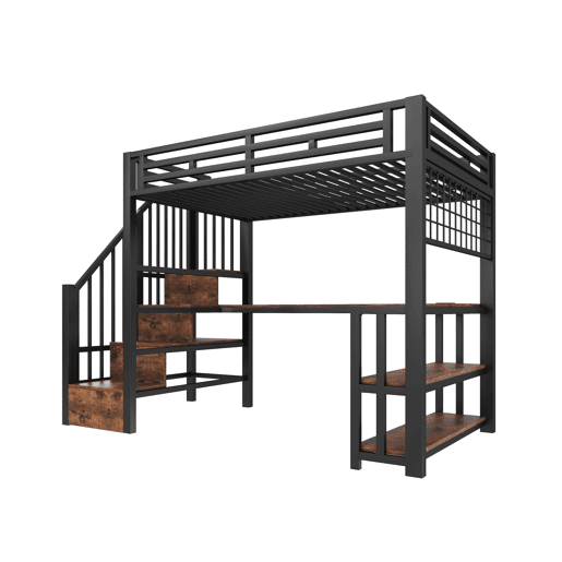 Cama alta 90x200 cm - Estrutura em ferro, secretária, LED, arrumação, USB - Preto