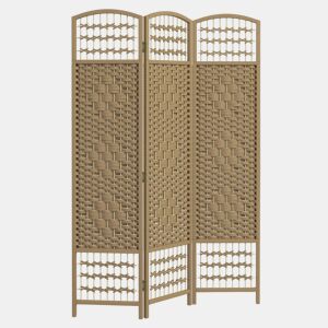 HOMCOM Biombo Plegável de 3 Painéis 120x170 cm Biombo Separador de Ambientes em Corda de Papel Estrutura de Madeira Decoração para Quarto Sala Madeira