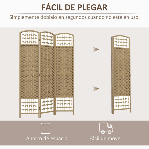 HOMCOM Biombo Plegável de 3 Painéis 120x170 cm Biombo Separador de Ambientes em Corda de Papel Estrutura de Madeira Decoração para Quarto Sala Madeira