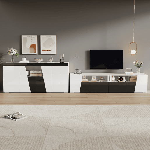 Móvel de TV 180x38,5x45 cm - Lowboard com LED, alto brilho - Preto e Branco