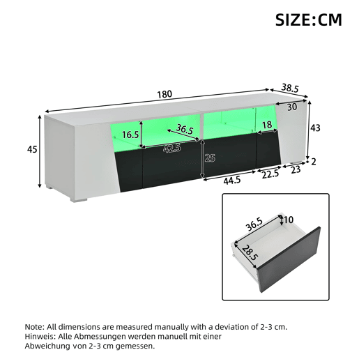 Móvel de TV 180x38,5x45 cm - Lowboard com LED, alto brilho - Preto e Branco