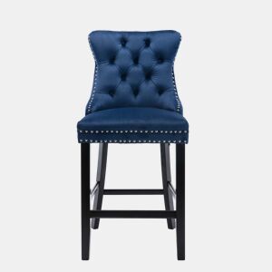 Conjunto de 2 bancos de bar - veludo capitoné, pernas de madeira - azul