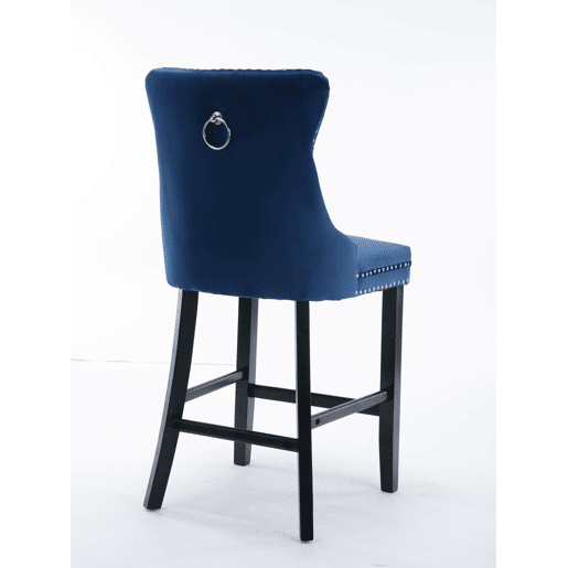 Conjunto de 2 bancos de bar - veludo capitoné, pernas de madeira - azul