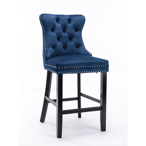 Conjunto de 2 bancos de bar - veludo capitoné, pernas de madeira - azul