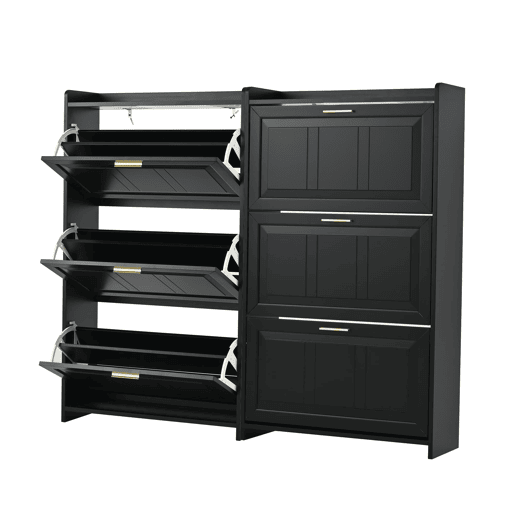 Sapateira 70x24x120 cm - 6 compartimentos, para corredores e escritórios, MDF, Preto, Conjunto de 2