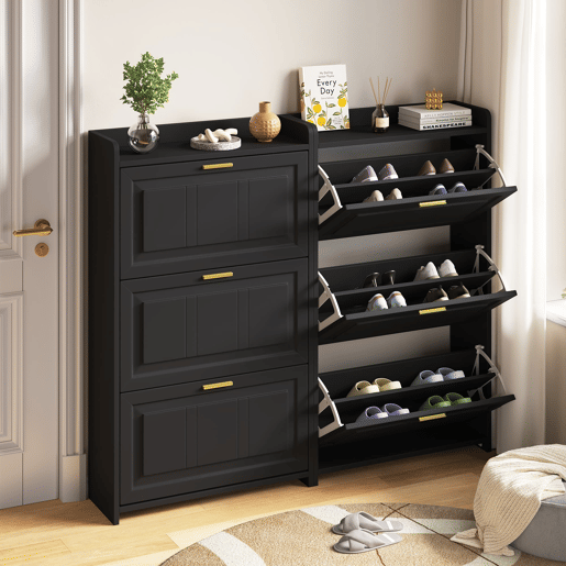 Sapateira 70x24x120 cm - 6 compartimentos, para corredores e escritórios, MDF, Preto, Conjunto de 2