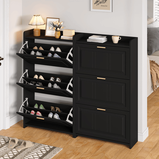 Sapateira 70x24x120 cm - 6 compartimentos, para corredores e escritórios, MDF, Preto, Conjunto de 2