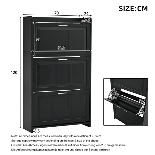 Sapateira 70x24x120 cm - Com 6 compartimentos, para corredor, escritório e sala - Preto
