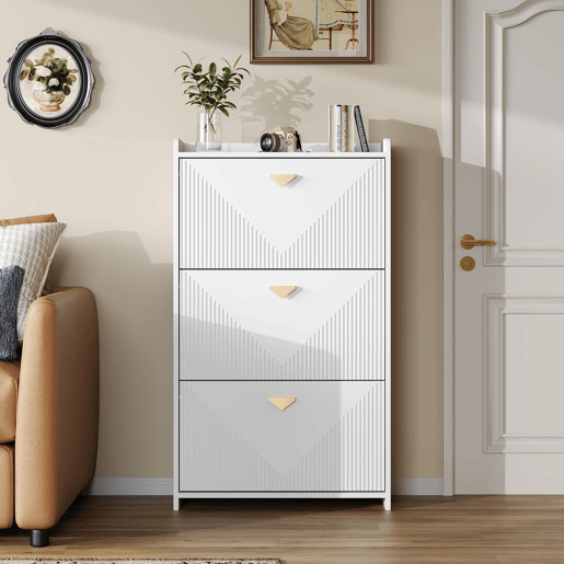 Sapateira 70x30x120 cm - 3 portas batentes, 6 compartimentos, design vazio, Branco