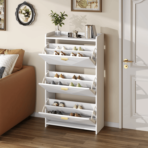 Sapateira 70x30x120 cm - 3 portas batentes, 6 compartimentos, design vazio, Branco