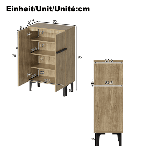 Sapateira 95x60x35 cm - Porta dupla, grande capacidade, prateleiras ajustáveis - PretoMadeira