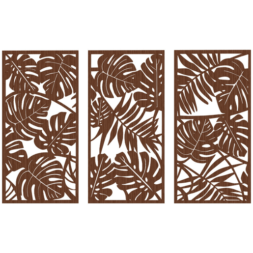 HOMCOM Decoração de Parede em Madeira 3D 3 Peças 40x80 cm Adornos de Parede com Padrão de Folhas Tropicais Arte Moderna para Sala Quarto Corredor Nogueira