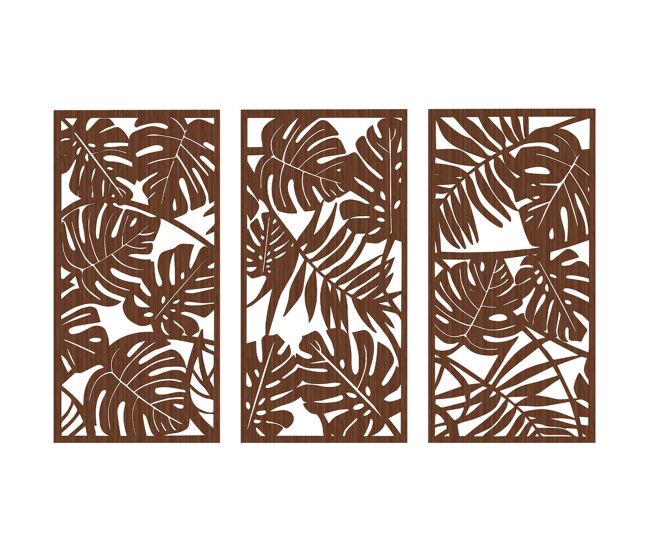 Homcom decoración de pared de madera 3d, 3 piezas, 40x80 cm, adornos de pared con patrón de hojas tropicales, arte moderno para salón, dormitorio, pasillo, nogal