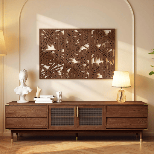 HOMCOM Decoração de Parede em Madeira 3D 3 Peças 40x80 cm Adornos de Parede com Padrão de Folhas Tropicais Arte Moderna para Sala Quarto Corredor Nogueira