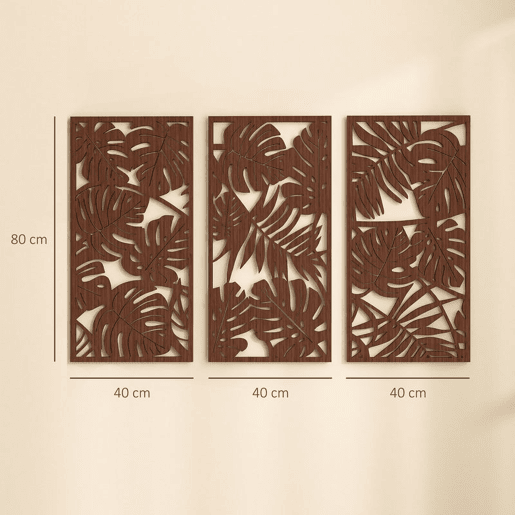 HOMCOM Decoração de Parede em Madeira 3D 3 Peças 40x80 cm Adornos de Parede com Padrão de Folhas Tropicais Arte Moderna para Sala Quarto Corredor Nogueira