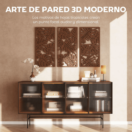 HOMCOM Decoração de Parede em Madeira 3D 3 Peças 40x80 cm Adornos de Parede com Padrão de Folhas Tropicais Arte Moderna para Sala Quarto Corredor Nogueira