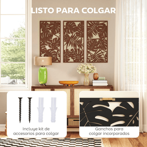 HOMCOM Decoração de Parede em Madeira 3D 3 Peças 40x80 cm Adornos de Parede com Padrão de Folhas Tropicais Arte Moderna para Sala Quarto Corredor Nogueira