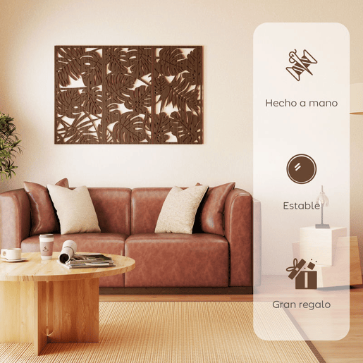 HOMCOM Decoração de Parede em Madeira 3D 3 Peças 40x80 cm Adornos de Parede com Padrão de Folhas Tropicais Arte Moderna para Sala Quarto Corredor Nogueira
