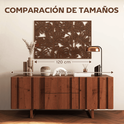 HOMCOM Decoração de Parede em Madeira 3D 3 Peças 40x80 cm Adornos de Parede com Padrão de Folhas Tropicais Arte Moderna para Sala Quarto Corredor Nogueira