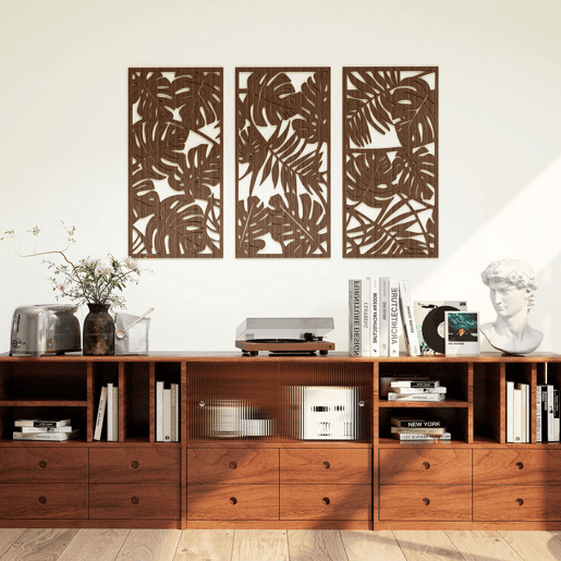 HOMCOM Decoração de Parede em Madeira 3D 3 Peças 40x80 cm Adornos de Parede com Padrão de Folhas Tropicais Arte Moderna para Sala Quarto Corredor Nogueira