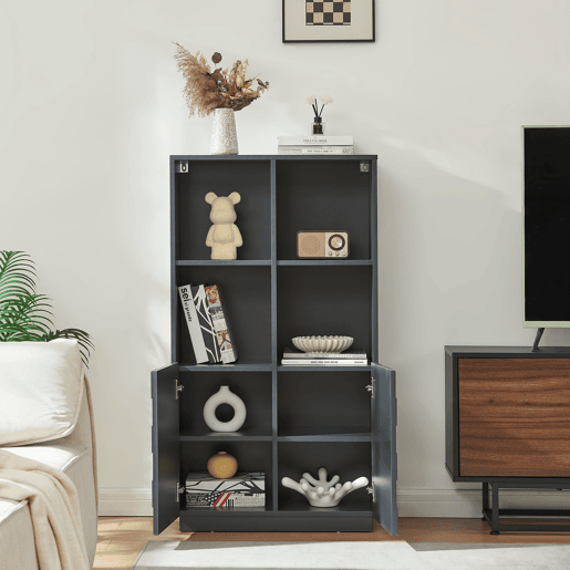 Cómoda alta Bopibobro com 2 portas 8 compartimentos 118x64x30 cm Cinzento escuro en.casa