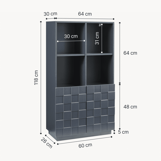 Cómoda alta Bopibobro com 2 portas 8 compartimentos 118x64x30 cm Cinzento escuro en.casa