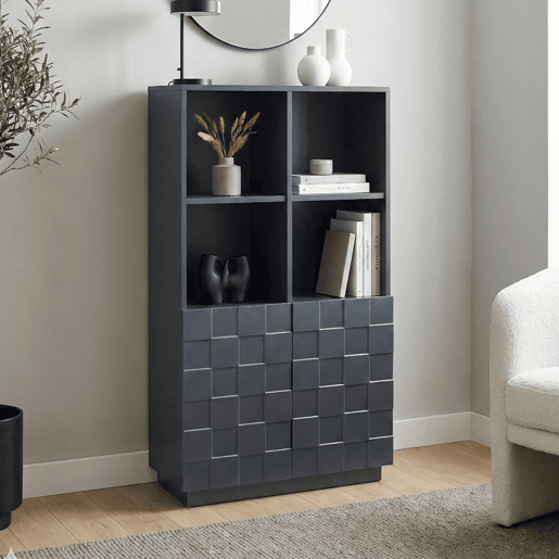 Cómoda alta Bopibobro com 2 portas 8 compartimentos 118x64x30 cm Cinzento escuro en.casa