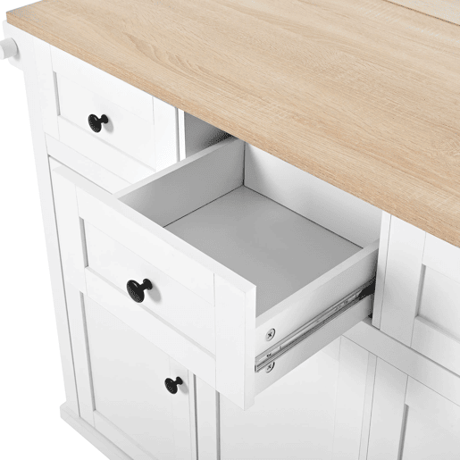 Ilha de cozinha móvel - com rodas, área de jantar extensível, gavetas e recipiente - Branco