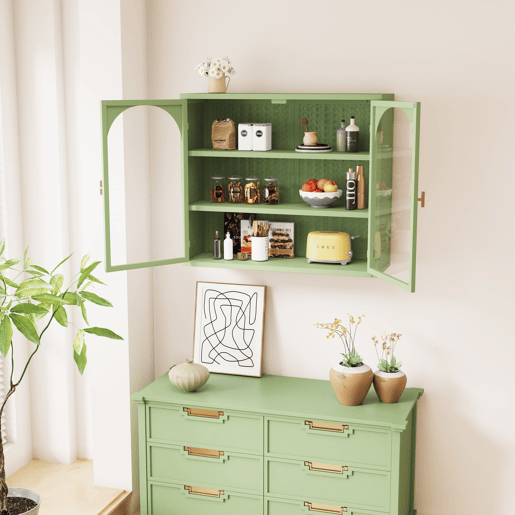 Armário de parede 70 cm - Portas de vidro, 3 níveis de armazenamento, padrão trançado - Verde