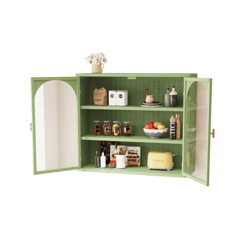 Armário de parede 70 cm - Portas de vidro, 3 níveis de armazenamento, padrão trançado - Verde