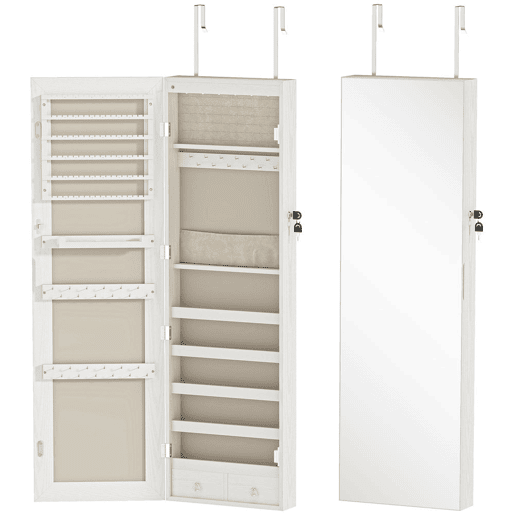 HOMCOM Espelho Joyero com 6 Luzes LED, Armário para Joias de Parede ou Porta com Fecho, Espelho de Corpo Inteiro sem Moldura, Branco