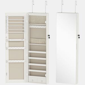 HOMCOM Espelho Joyero com 6 Luzes LED, Armário para Joias de Parede ou Porta com Fecho, Espelho de Corpo Inteiro sem Moldura, Branco