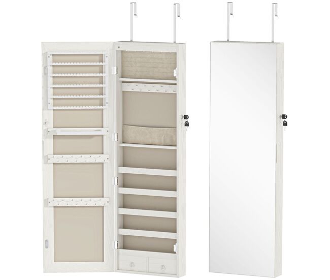 Homcom espejo joyero con 6 luces led, armario joyero montado en la pared o en la puerta, armario para joyas con cerradura, espejo entero sin marco,
