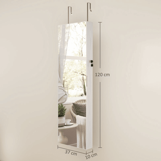 HOMCOM Espelho Joyero com 6 Luzes LED, Armário para Joias de Parede ou Porta com Fecho, Espelho de Corpo Inteiro sem Moldura, Branco