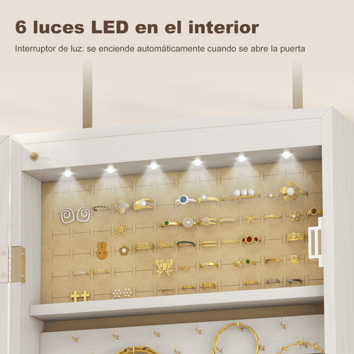 HOMCOM Espelho Joyero com 6 Luzes LED, Armário para Joias de Parede ou Porta com Fecho, Espelho de Corpo Inteiro sem Moldura, Branco