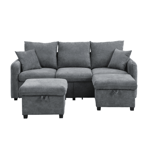 Sofá de canto de 3 lugares - Modular com arrumação, chaise longue e pufe - Cinza escuro