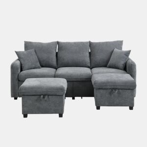 Sofá de canto de 3 lugares - Modular com arrumação, chaise longue e pufe - Cinza escuro