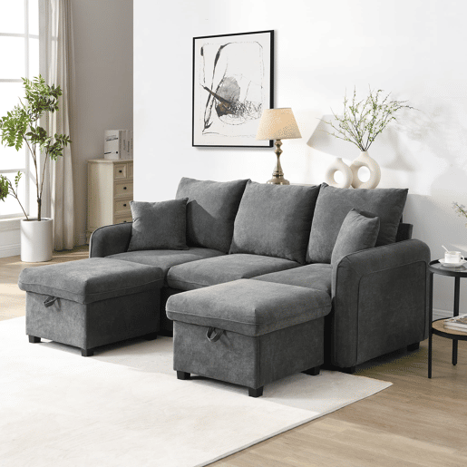 Sofá de canto de 3 lugares - Modular com arrumação, chaise longue e pufe - Cinza escuro